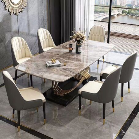White Stone-Top Dining Table with Gold Base & 6 Chairs — Elegant Lifestyle Perth luxury furniture