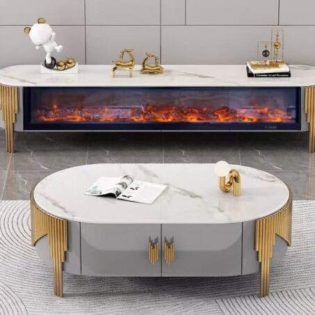 Grey Marble TV Unit & Coffee Table with Electric Fireplace — Elegant Lifestyle Perth luxury furniture